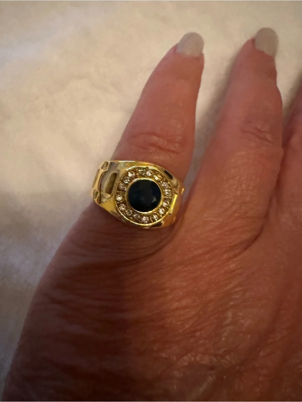 Gold-Tone Men’s Ring with Dark Blue Center and Crystal Halo